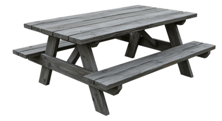 a rustic wooden picnic table with benches on transparent background