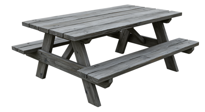 a rustic wooden picnic table with benches on transparent background