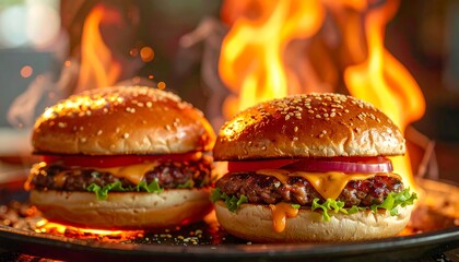 Two sesame-seeded burgers sit close to flames, showing layers of lettuce, tomato, cheese, and onion. The flames glow brightly in the background, with a shallow depth of field