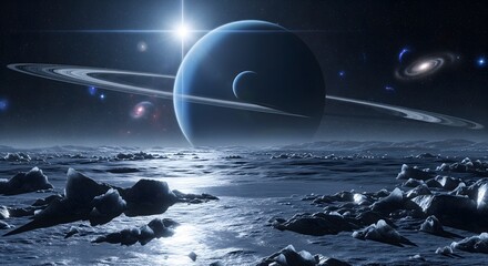 A stunning science fiction landscape of an alien planet with a large ringed planet in the sky. A distant galaxy and stars create a beautiful and cosmic outer space scene for exploration themes.