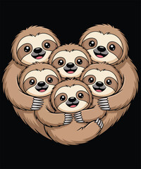 Fototapeta premium Adorable Group of Cartoon Sloths Hugging in a Heart-Shaped Design