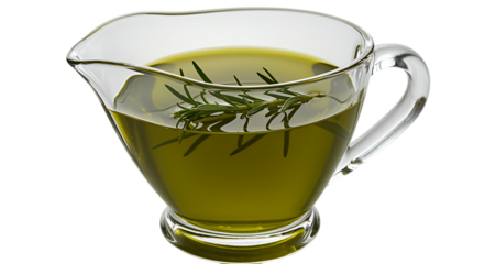 glass pitcher filled with green liquid herbs floating inside on transparent background