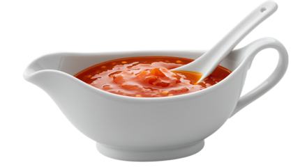 a white pitcher filled with red sauce and spoon on transparent background