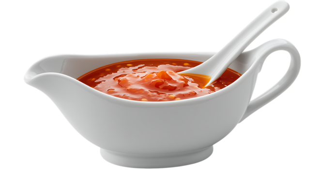 a white pitcher filled with red sauce and spoon on transparent background