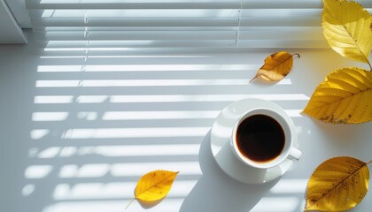 Cozy Autumn Morning Coffee by the Window with Falling Leaves and Sunlight