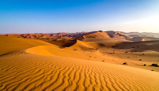 Vast desert landscape under a clear blue sky, featuring undulating sand dunes and distant mountain formations. The scene is bathed in warm sunlight