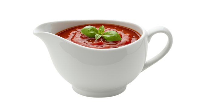 white pitcher filled with tomato soup garnished with basil leaves on transparent background