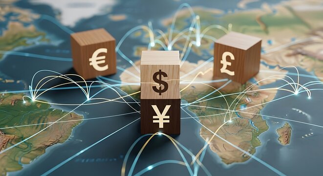 Global Currency Exchange Network Connecting Continents with Currency Symbols finance