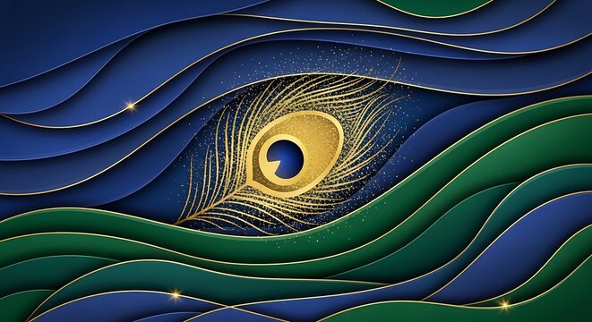 Golden Peacock Feather Abstract Art with Wavy Blue and Green Layers - Powered by Adobe