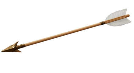 a wooden arrow with white feathers and golden tip on transparent background