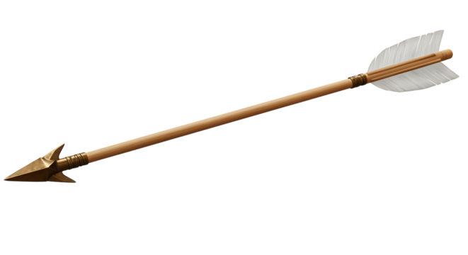 a wooden arrow with white feathers and golden tip on transparent background