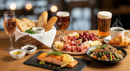 Diverse Gourmet Brunch Spread with Salmon, Cheese Board, and Beverages