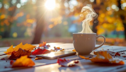 Steaming Cup of Coffee on a Wooden Table Surrounded by Autumn Leaves in Warm Sunlight