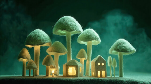 Felt forest clearing with glowing mushrooms and tiny houses creates whimsical and enchanting scene. soft textures and warm lights evoke sense of magic and wonder - Powered by Adobe