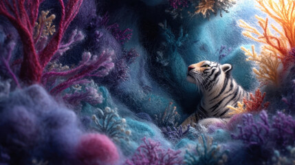 Majestic tiger rests in vibrant felt jungle scene, surrounded by glowing foliage and colorful textures, creating dreamlike atmosphere