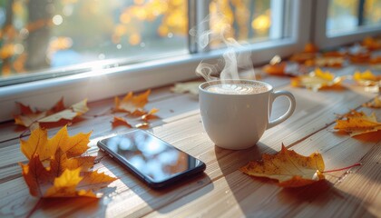 Warm cup of coffee and smartphone on a wooden surface with autumn leaves