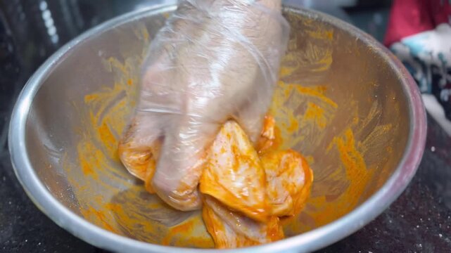 Hands mixing chicken wings with spices. Top view. High quality 4k footage
See less