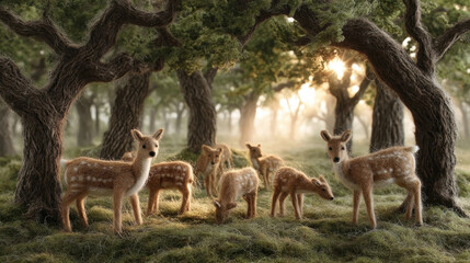 Naklejka premium Felt landscape of serene meadow with grazing deer creates peaceful and enchanting scene. soft textures and warm sunlight filtering through trees add to tranquil atmosphere