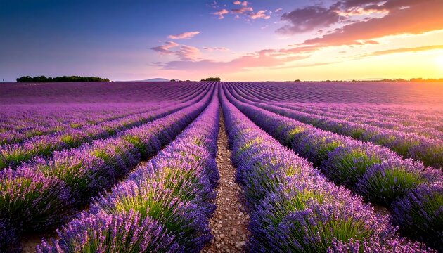 Vast field of lavender blooms under a vibrant sunset. Rows of purple flowers stretch toward the horizon, bathed in golden light. The sky is a canvas of pink, blue, and orange hues - Powered by Adobe
