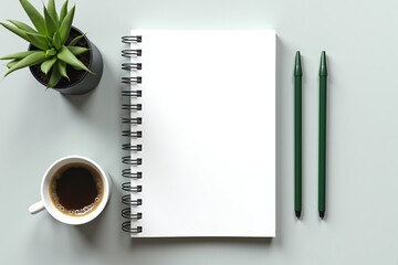 Minimalist desk setup: notebook, coffee cup, green pens, potted plant. Clean, calm workspace vibe.
