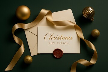 Elegant Christmas card and envelope mockup with silk ribbon, wax seal, and gold ornaments on dark green background in soft glow.

