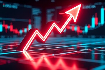 Neon red arrow surges upward on digital stock chart, symbolizing market growth and financial success against dark background.