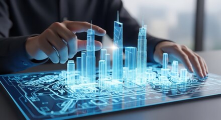 A person interacting with a futuristic holographic projection of a city skyline, symbolizing innovation and smart city development