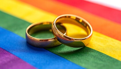 Two shiny gold rings rest together on a rainbow-colored ribbon. The rings are slightly tilted, reflecting light and resting on the fabric