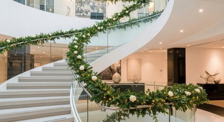 Elegant spiral staircase adorned with festive garland and white roses for the holidays