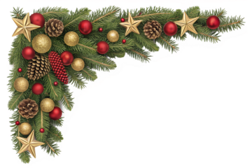 Decorative Christmas corner border features evergreen branches, shiny red and gold ornaments, and sparkling stars, perfect for a transparent background.