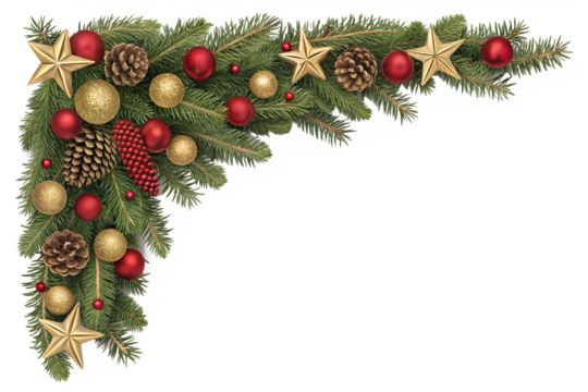 Decorative Christmas corner border features evergreen branches, shiny red and gold ornaments, and sparkling stars, perfect for a transparent background.