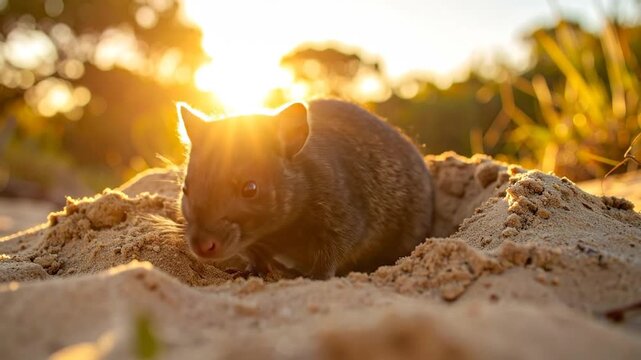 Adorable Wombat Emerging from Burrow at Sunset