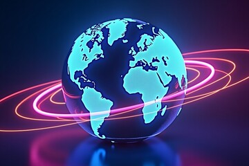 Neon globe surrounded by glowing arrows, symbolizing global connectivity and digital communication in futuristic cyber space.