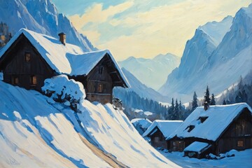 A serene winter village nestled in a snowy valley between towering mountains, with quaint houses blanketed in snow under soft golden light.