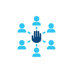 Leadership concept with a central hand icon connecting to multiple user profiles.