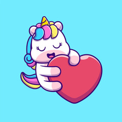 Cute Unicorn Sleeping And Holding Love Heart Cartoon