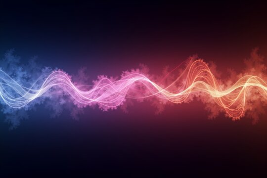 Vibrant, flowing light waves transition from cool blue to warm orange against a dark gradient background. Abstract digital energy stream.