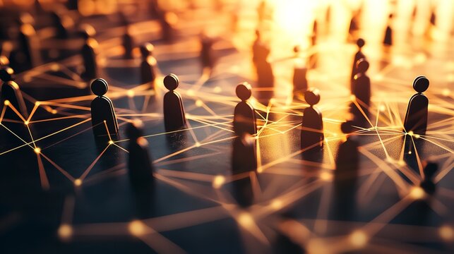 A network of people connected by a digital web, representing the concept of communication and collaboration