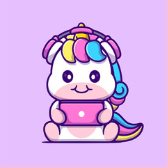 Cute Unicorn Gaming With Phone And Headphone Cartoon 
