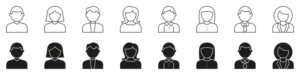 User Avatars with Male and Female Office and Casual Characters Solid Icon Set. Profile Symbols for Account, Interface, Business Contact and Personal Identity Icons. Isolated Vector Illustration