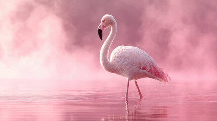 Fototapeta premium Graceful flamingo stands in glowing pink pond, surrounded by misty atmosphere, creating serene and ethereal scene