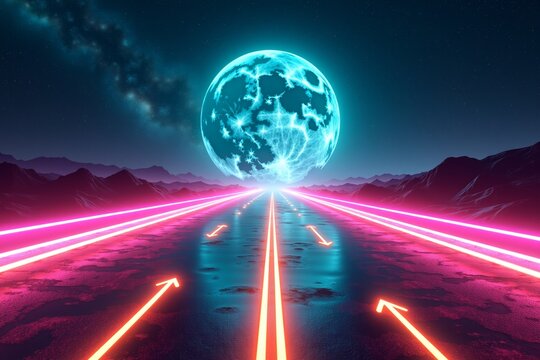 Neon-lit desert road leads to glowing blue moon under starry night, vibrant retro-futuristic landscape. - Powered by Adobe