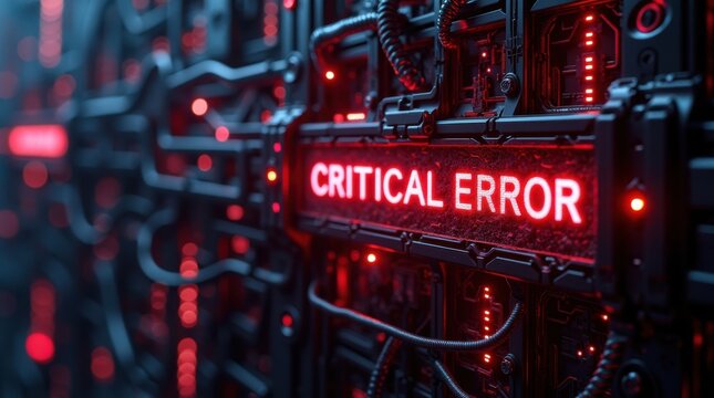 Visualizaci&oacute;n de la red cibern&eacute;tica, pulsos de energ&iacute;a roja a trav&eacute;s de circuitos enmara&ntilde;ados, alerta de error cr&iacute;tico mostrada, s&iacute;mbolos brillantes de peligro