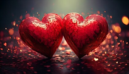 Two shiny, ruby-red hearts connected, surrounded by blurred, heart-shaped confetti against a dark backdrop with bokeh