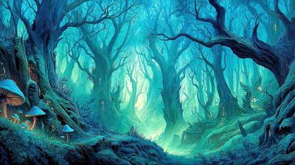 Mystical forest with glowing mushrooms and tall, twisted trees creates enchanting atmosphere. vibrant blue and green hues add to magical and otherworldly feel of scene