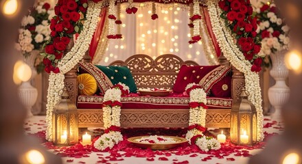 Fototapeta premium A beautifully decorated wedding mandap with red and white flowers, soft lighting, and traditional indian design elements, creating a romantic and festive atmosphere for the marriage ceremony, perfect 