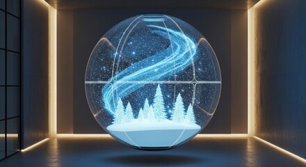 Glowing snow globe with winter scene and aurora in modern architectural space