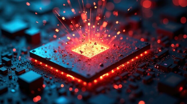 El n&uacute;cleo del procesador sobrecargado emite una intensa energ&iacute;a roja con flujos de c&oacute;digo fragmentados