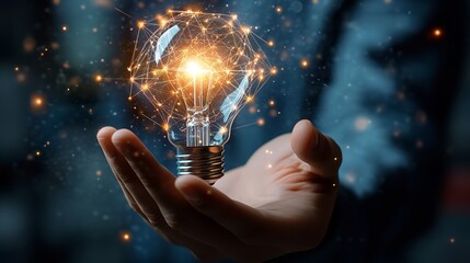 A hand holds a glowing light bulb with network connections, representing innovation and creative idea generation