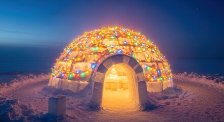 Festive igloo adorned with colorful christmas lights under a starry night sky